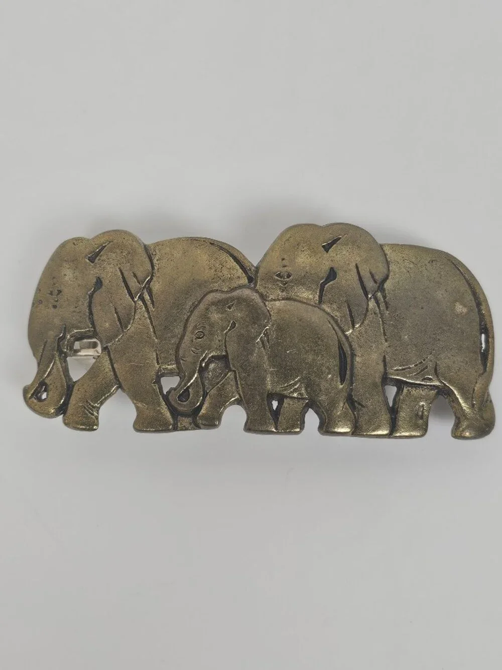 Vtg Karina France Elephant Family Hair Clip Barrette Antiqued Gold Tone Metal